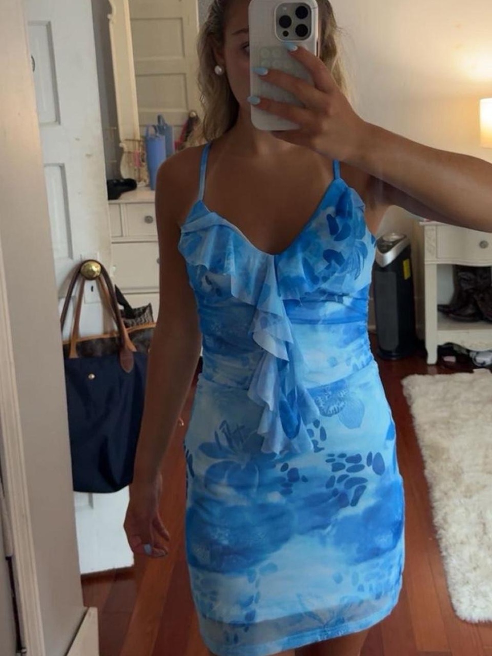Blue Ruffled Floral Slip Dress - Brand Unspecified